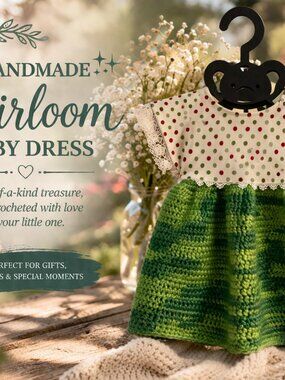 Handmade Polka Dot Baby Dress with Lace Trim and Crochet Green Skirt